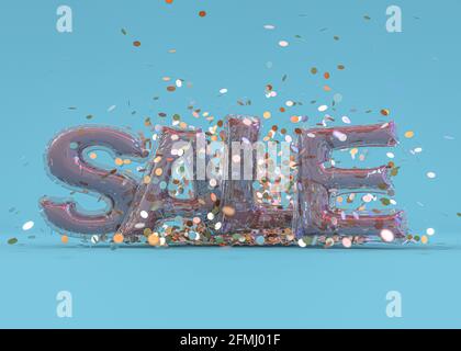 Vente de mots fait de ballons gonflables sur fond bleu avec paillettes. Rendu 3D Banque D'Images
