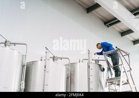 Un ingénieur sur une échelle verse du liquide dans un réservoir en acier inoxydable en travaillant dans une brasserie Banque D'Images