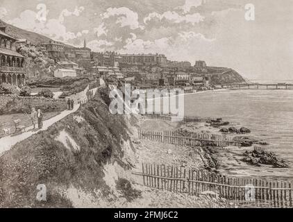 Vue de la fin du XIXe siècle sur Ventnor, station balnéaire et paroisse civile établie à l'époque victorienne sur la côte sud-est de l'île de Wight, en Angleterre. Situé sur des pentes abruptes menant à la mer. Ventnor est devenu extrêmement à la mode en tant que centre de santé et de vacances à la fin du XIXe siècle, décrit comme la « Méditerranée anglaise » et « le quartier de la mer ». Banque D'Images