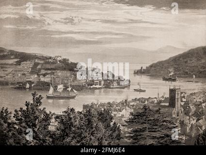 Vue de la fin du XIXe siècle sur la navigation dans la rivière Dart à Dartmouth, une ville du comté anglais de Devon. C'est une destination touristique située sur la rive ouest de l'estuaire de la rivière Dart, qui est une longue marée étroite ria qui coule à l'intérieur des terres jusqu'à Totnes. L'arrivée de bateaux à vapeur a conduit Dartmouth à être utilisé comme port de soute, le charbon étant introduit par bateau ou par train. Banque D'Images