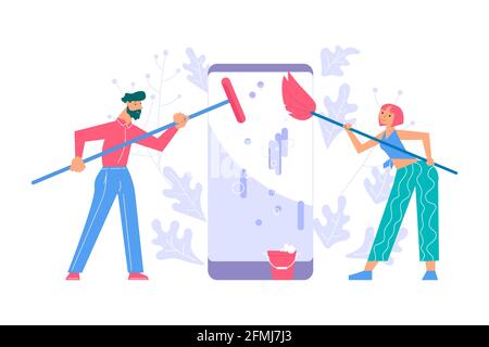 Le service d'assistance nettoie l'écran du smartphone. Mise à jour du système d'exploitation, processus de mise à jour du logiciel de la métaphore de l'actualité en ligne. Illustration du vecteur d'art plat Illustration de Vecteur
