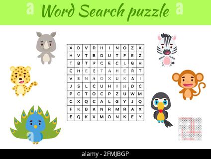 Jeu modèle mot recherche puzzle d'animaux pour enfants avec des images. Fiche d'activité pour enfants version imprimable. Jeu éducatif pour étudier l'anglais Illustration de Vecteur