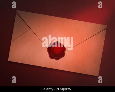 Rendu 3D de l'enveloppe de lettre d'amour scellée avec de la cire rouge scellez avec un tampon de symbole en forme de coeur Banque D'Images