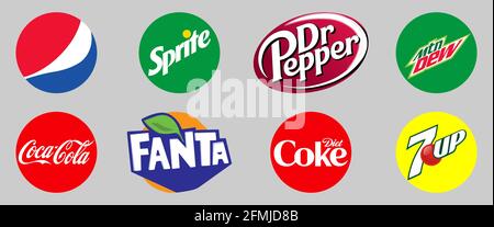 Vinnytsia, Ukraine - 6 mai 2021 : ensemble du logo de boissons gazeuses le plus populaire. Pepsi, Coca-Cola, Sprite, Fanta, Dr Pepper, Coca-Cola Light, Mountain Dew, 7UP Illustration de Vecteur