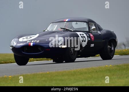 Martin Melling, Jason Minshaw, Jaguar E-Type, Jaguar Classic Challenge for Pre-66 Jaguar Cars, Donington Historic Festival, Donington Park, Angleterre, M. Banque D'Images