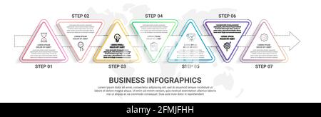 Infographies vectorielles 7 étapes à partir de triangles avec flèches. Concept de chronologie pour graphique, niveaux, web, diagramme, bannière, présentations et affaires. Illustration de Vecteur