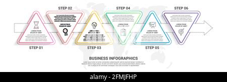 Infographies vectorielles 6 étapes à partir de triangles avec flèches. Concept de chronologie pour graphique, niveaux, web, diagramme, bannière, présentations et affaires. Illustration de Vecteur