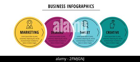 Infographies vectorielles ou chronogramme quatre cartes de cercles reliées par des flèches. Concept commercial de 4 étapes. Modèle de conception pour diagramme, Web, bannière Illustration de Vecteur