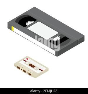Cassette vidéo vhs vintage noire et cassette isolée sur une vue isométrique blanche. Vecteur Illustration de Vecteur
