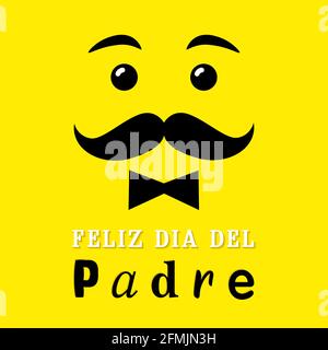 Smile emoji avec le lettrage espagnol Feliz dia del Padre, traduire - heureux fête des pères. Illustration vectorielle de la fête des pères avec sourire, arc, moustache et Illustration de Vecteur