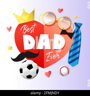 Carte de fête des pères « Best Dad Ever » avec cœur en papier, cravate, couronne et verres. Cravate à rayures, moustache et texte en papier vectorisés en bleu sur fond rouge Illustration de Vecteur