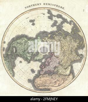 Carte gravée en cuivre d'époque de l'hémisphère Nord du XIXe siècle. Toutes les cartes sont magnifiquement colorées et illustrées montrant le monde à l'époque. Banque D'Images