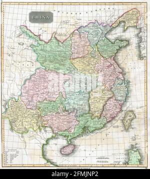 Carte ancienne de Chine gravée en cuivre du XIXe siècle. Toutes les cartes sont magnifiquement colorées et illustrées montrant le monde à l'époque. Banque D'Images