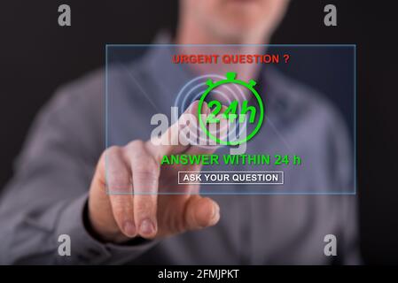 Homme touchant un concept de questions urgentes sur un écran tactile avec son doigt Banque D'Images