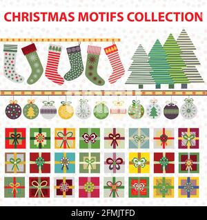 Ensemble de motifs de Noël à motif vectoriel. Grande collection de bas de Noël, arbres, boules, bordure, cadeaux dans les couleurs traditionnelles. Points réglables Illustration de Vecteur