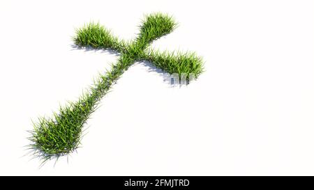 Concept ou conceptuel vert pelouse d'été herbe isolée sur fond blanc, signe de la croix chrétienne religieuse. Banque D'Images