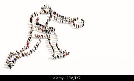 Concept ou conceptuel vaste communauté de personnes formant l'image d'un joueur de basket-ball sur fond blanc. Une métaphore d'illustration 3d pour le sport Banque D'Images