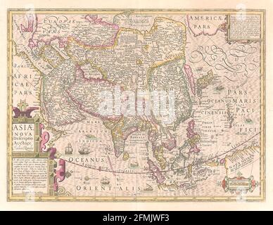 Carte gravée en cuivre d'époque de - du XVIIe siècle. Toutes les cartes sont magnifiquement colorées et illustrées montrant le monde à l'époque. Banque D'Images