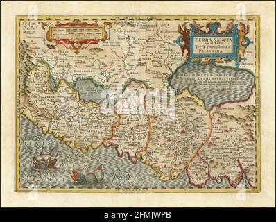 Carte ancienne de Palestine gravée en cuivre du XVIIe siècle. Toutes les cartes sont magnifiquement colorées et illustrées montrant le monde à l'époque. Banque D'Images