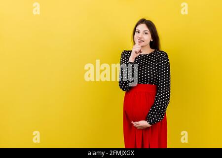 Jeune belle femme brune enceinte s'attendant à bébé sur fond coloré isolé demandant d'être calme avec le doigt sur les lèvres. Maternité Silence et Banque D'Images