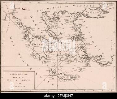 Carte ancienne de Grèce gravée en cuivre du XIXe siècle. Toutes les cartes sont magnifiquement colorées et illustrées montrant le monde à l'époque. Banque D'Images