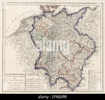 Carte ancienne gravée en cuivre de l'Allemagne du XIXe siècle. Toutes les cartes sont magnifiquement colorées et illustrées montrant le monde à l'époque. Banque D'Images