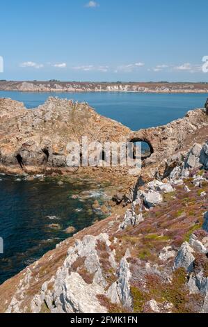 Mer d'Iroise, arche naturelle et ruines du château de la pointe de Dinan, Parc National Régional d'Armorique, la presqu'île de Crozon, Finistère (29), Bretagne, France Banque D'Images