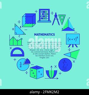 Bannière ronde mathématique avec place pour le texte. Cadre circulaire avec symboles mathématiques en style de ligne de couleur. Illustration vectorielle. Illustration de Vecteur