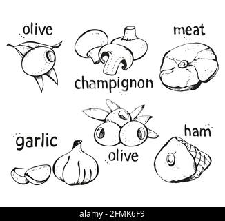Ensemble vectoriel d'ingrédients pour pizzas, champignons, jambon, ail, olives, viande isolée sur fond blanc Illustration de Vecteur