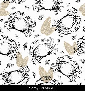 Motif de crabe vectoriel sans couture, fond de fruits de mer dessiné à la main Illustration de Vecteur