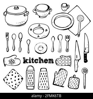 Ensemble vectoriel de cuisine, collection d'objets de cuisine dessinés à la main isolés sur fond blanc Illustration de Vecteur