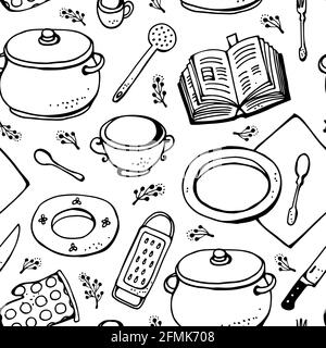 Motif vectoriel de cuisine, collection sans couture d'objets liés à la cuisine dessinés à la main isolés sur fond blanc Illustration de Vecteur