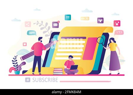 Bannière blogging. Développement de contenu pour les nouvelles en ligne, les blogs et le site Web, le concept de copywriting. Groupe de blogueurs ou copywriters créer du contenu. Teamwor Illustration de Vecteur