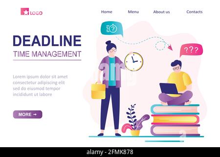 Modèle de page de gestion du temps et d'échéance. Le patron féminin doit respecter les délais d'exécution. Homme travaillant avec un ordinateur portable moderne. Employé Illustration de Vecteur