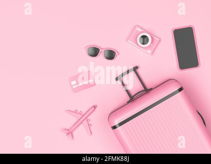 Bagage rose avec smartphone, appareil photo, lunettes de soleil et espace de copie sur fond rose pastel. Concept de voyage, pose plate. rendu 3d. Banque D'Images