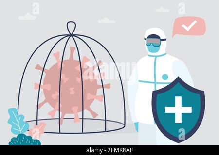 Travailleur médical en uniforme de protection et coronavirus en cage. Arrêter la propagation du virus et de la maladie. Victoire sur l'infection virale. Concept de soins de santé. Illustration de Vecteur