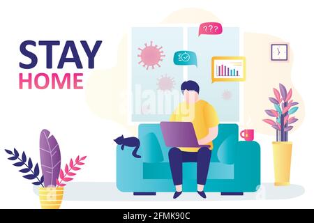 Modèle de bannière rester à la maison. Homme d'affaires ou indépendant travaillent en ligne, télétravail. Quarantaine ou auto-isolement. Concept de soins de santé. Peur d'obtenir corona Illustration de Vecteur