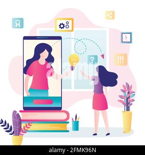 E-learning, éducation en ligne ou enseignement à domicile. Une jeune fille élève obtient de nouvelles connaissances et idées. Téléphone portable avec cours ou didacticiels. Concept d'éducation. Illustration de Vecteur