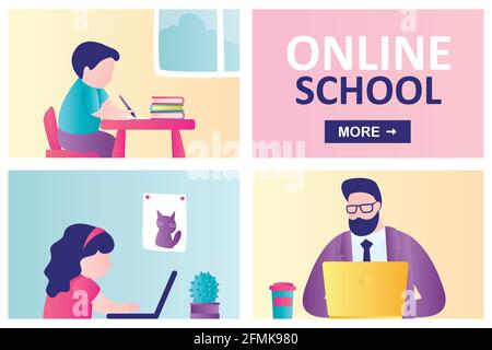 Modèle de page d'accueil de l'école en ligne. Les enfants restent à la maison et s'engagent sur l'ordinateur. Enseignant ou tuteur à distance. Les filles et les garçons regardent o Illustration de Vecteur