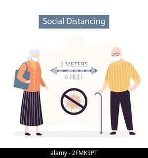 Distanciation sociale, deux personnes âgées gardant la distance pour le risque d'infection et la maladie. 2 mètres ou 6 pieds de distance entre les humains. Interdiction de prévention Covid-19 Illustration de Vecteur