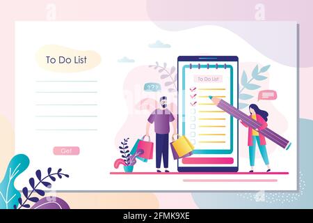 Liste des tâches modèle de bannière imprimable. Le personnage féminin a mis des coches sur le travail terminé, le beau homme tient des sacs de shopping. Page d'arrivée ou backgro Web Illustration de Vecteur