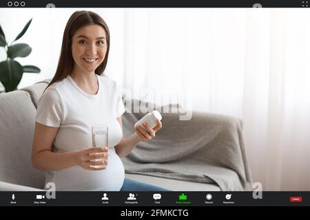 Concept de télémédecine. Jeune femme enceinte consultation avec le docteur au sujet des vitamines prénatales par appel vidéo, Web Conférence Screenshot, Creative Collage Banque D'Images