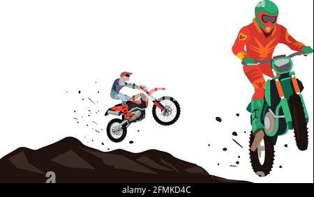 Les motocyclistes sautent de la colline. Deux motocyclistes aventureux sur fond blanc. Illustration vectorielle. Illustration de Vecteur