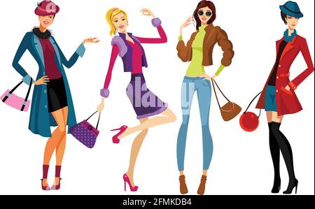 Des femmes attirantes en vêtements et sacs d'hiver. Femme robe tendance robes illustration vectorielle. Illustration de Vecteur