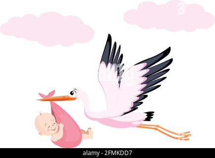 Bébé transportant un oiseau dans le ciel. Histoire du nouveau-né et de la tempête. Illustration de Vecteur