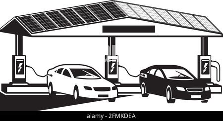 Véhicules électriques à la station de charge avec panneaux photovoltaïques – Vector illustration Illustration de Vecteur