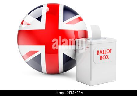 Urne avec drapeau britannique. Élections en Grande-Bretagne. Rendu 3D isolé sur fond blanc Banque D'Images