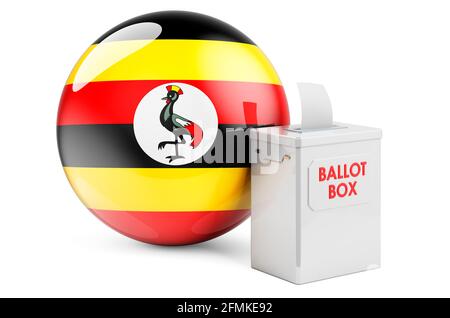 Urne avec drapeau ougandais. Élections en Ouganda. Rendu 3D isolé sur fond blanc Banque D'Images