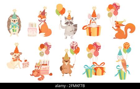 Ensemble d'animaux de style festif avec cadeaux et dessin animé de ballons illustration vectorielle happy animal design isolée sur fond blanc Illustration de Vecteur