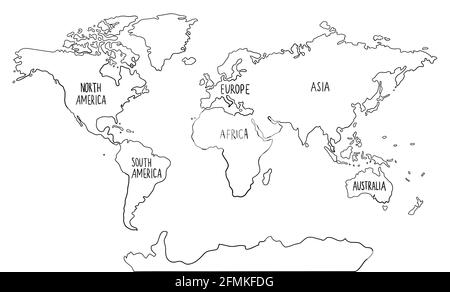 Carte du monde de doodle dessinée à la main avec les continents. Amérique du Nord et du Sud, Europe, Asie, Australie, Afrique. Illustration vectorielle noir et blanc Illustration de Vecteur